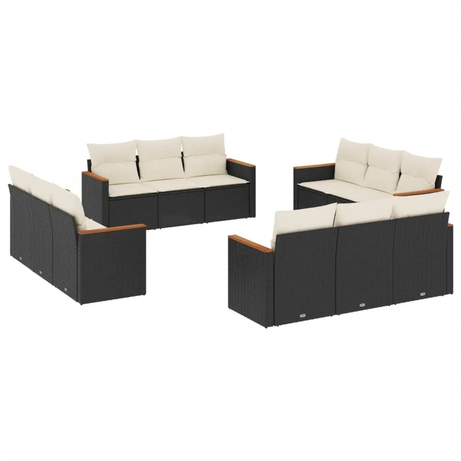 vidaXL 12-tlg. Garten-Sofagarnitur in U-Form aus Polyrattan und Akazienholz mit Kissen in Schwarz - Bild 2
