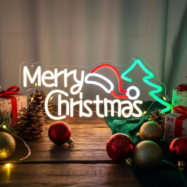 Weihnachts-Neonschild mit Weihnachtsmütze und Baum, mehrfarbig, USB-betrieben mit Schaltersteuerung, Wandbehang-Dekoration für Zuhause und Party, B/H: 40,0 x 15,0 cm - Bild 1