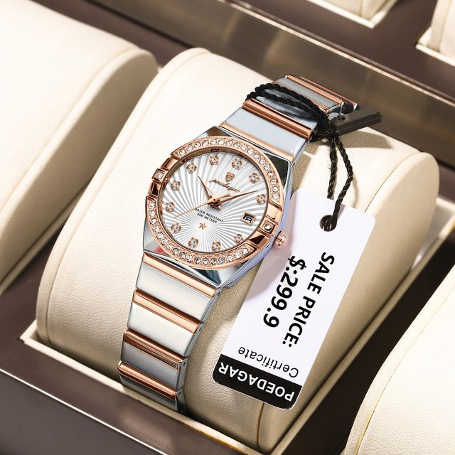 POEDAGAR Armbanduhr Edelstahl, Quarz, Silber, Damen, Datum, Leuchtzeiger - Bild 1