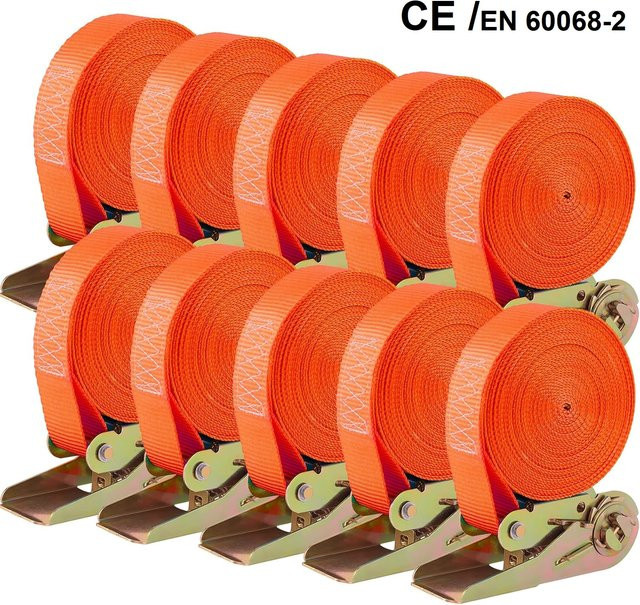 TLGREEN Ratschengurte 10er-Pack in Orange, 6 m x 25 mm, 800 kg Tragkraft mit Sicherheitsverriegelung - Bild 1