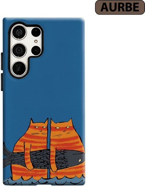 Aurbe Handyhülle für Samsung Galaxy S26 S25 S24 S23 Ultra Plus mit Twin Tabby Cats & Fish Design in Blau - Bild 1