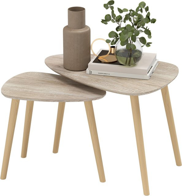 Aosom Nesttisch-Set aus 2 skandinavischen Design-Tischen mit Kiefernholz-Platten und Holzbeinen in Braun - Bild 1