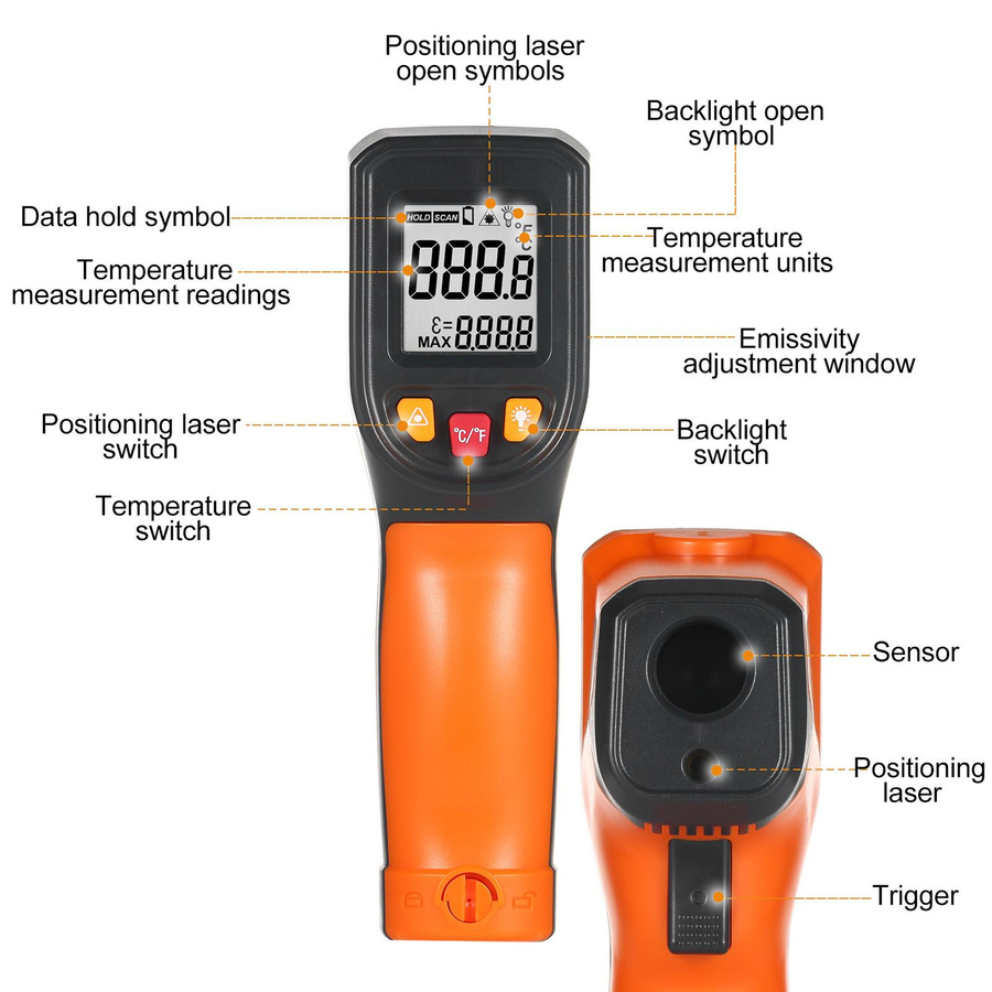 NJTY Infrarot-Thermometer T600A digitale Temperaturpistole berührungslos, Orange - Bild 6