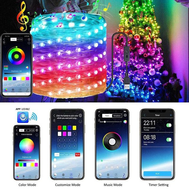 TOMTOP JMS RGB Lichterkette mit 200 LED, USB-betrieben, Kupferdraht, 12 Farben mit Fernbedienung und Timer - Bild 1