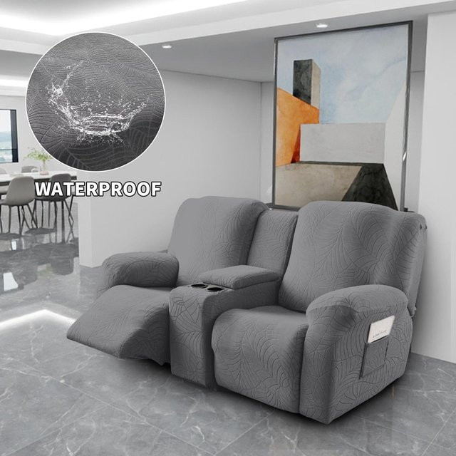 8-teiliges wasserdichtes Set Sofaüberzüge für 2-Sitzer Relaxsofas mit Mittelkonsole in Grau - Bild 1