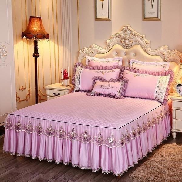 Starchao Luxus Bettwäsche-Set mit Spitze und gesteckter Tagesdecke aus Baumwolle und Polyester, Rosa, B/H: 180 x 220 cm - Bild 1