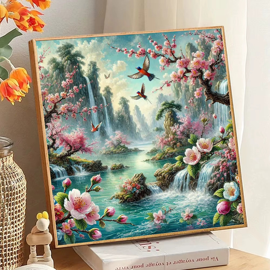 Huacan Rundes Diamantgemälde Landschaft mit Wasserfall und Blumen in Mehrfarbig, Durchmesser: 20 cm - Bild 3