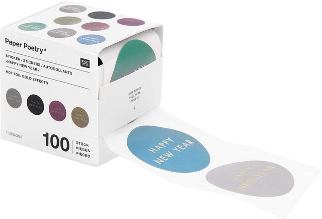 Rico Design Paper Poetry Sticker Happy New Year, Multicolour, Durchmesser: 5 cm, 100 Stück auf der Rolle - Bild 1