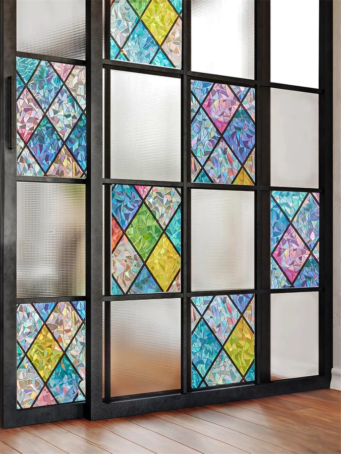 BUNPIG Sichtschutzfolie für Fenster, Regenbogen-Buntglas-Fensterfolie in Multicolour, dekorative geometrische Fensterfolie ohne Klebstoff, wiederverwendbar - Bild 3