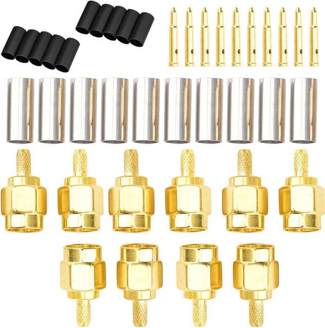 FRHY SMA Steckverbinder Kit 10 Stück RF Koaxial Adapter Männlich Weiblich Gold 50 Ohm Crimp Typ für RG174 RG316 Kabel mit Schrumpfschlauch - Bild 1