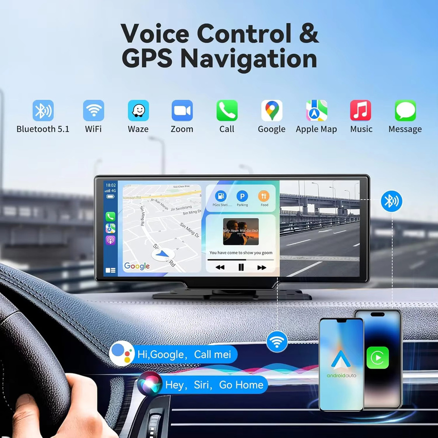 srnubi 10,26 Zoll Carplay Bildschirm für dein Auto mit kabellosem CarPlay und Android Auto, universeller Multimedia-Video-Player in Schwarz mit Bluetooth, AUX und FM - Bild 3