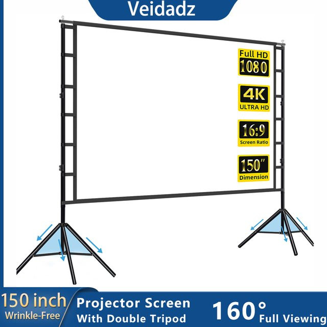 VEIDADZ Projektorleinwand mit Ständer, weiß, knitterfrei, doppelseitiger Bildschirm für Heimkino und Outdoor, 60-150 Zoll, 160 Grad Betrachtungswinkel - Bild 1
