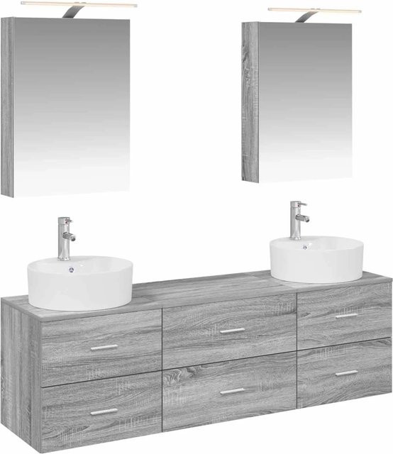 vidaXL Badezimmermöbel-Set 5-teilig in Grau, modern gestaltet aus Holz und Glas mit LED-Beleuchtung und Spiegelschrank - Bild 1
