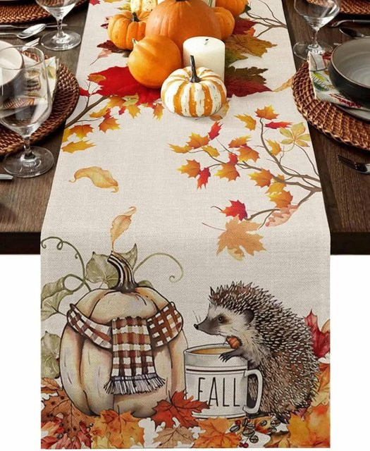 JMG Household Supplies Tischläufer aus Leinen mit Herbstmotiven wie Kürbissen, Igeln und Ahornblättern, Mehrfarbig, B/T: 33 x 150 cm - Bild 1