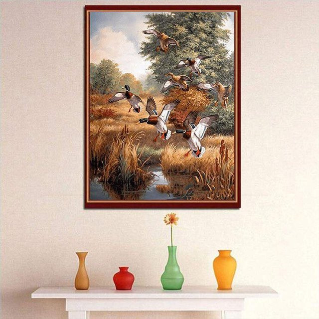 FIYO Diamant-Malerei mit fliegenden Enten als Kreuzstich-Set für die Heimdekoration, Mehrfarbig, Breite: 30 cm, Höhe: 20 cm - Bild 1