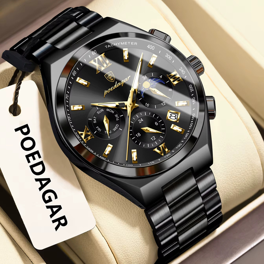 POEDAGAR Armbanduhr Quarz, Edelstahl, Schwarz, Silber, Herren - Bild 2