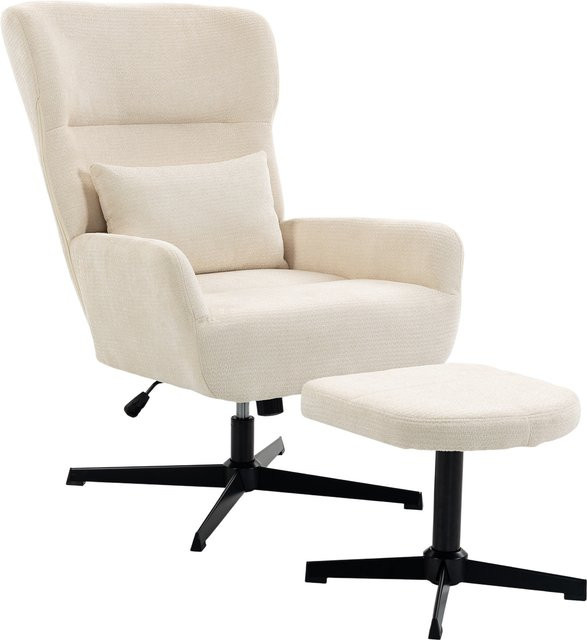 HOMCOM Relaxsessel mit Hocker in Cremeweiß, drehbarer Loungesessel mit Chenille-Optik, Lendenkissen und höhenverstellbaren Metallbeinen für dein Wohnzimmer - Bild 1