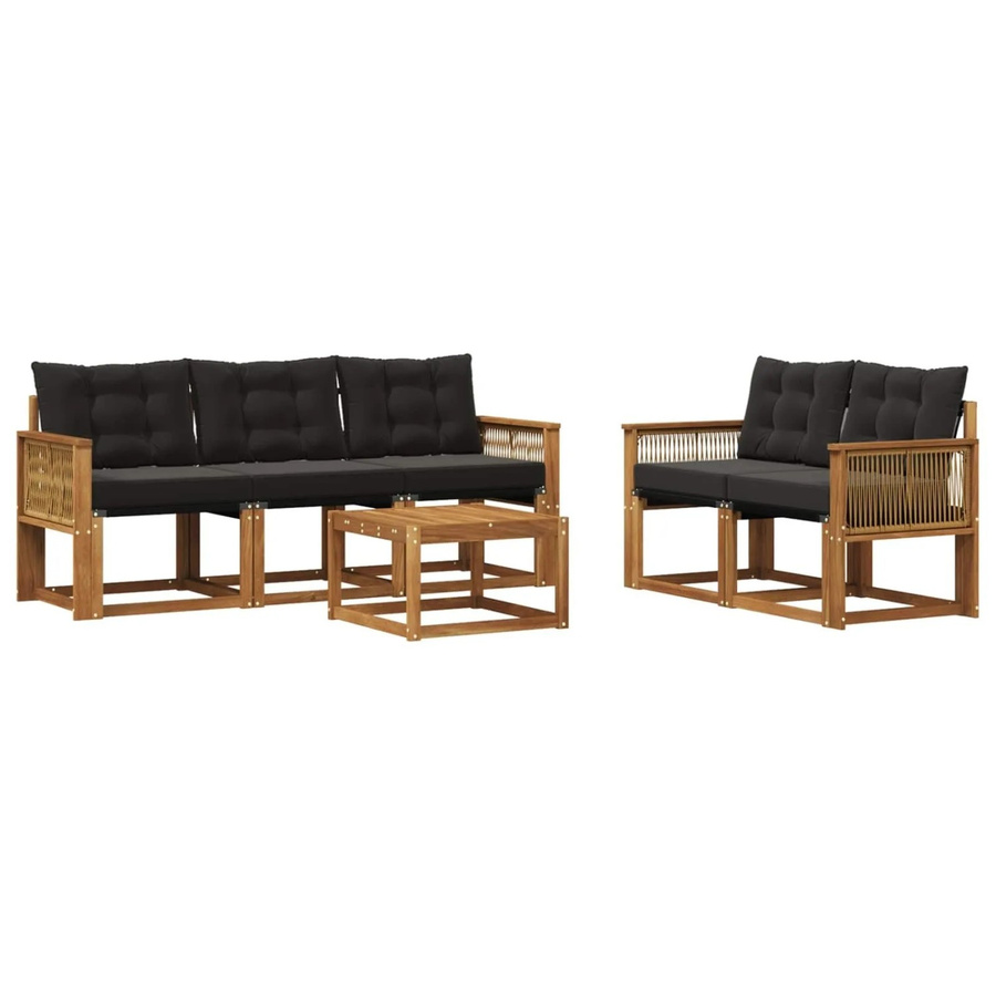 vidaXL Outdoor-Sofagarnitur aus massivem Akazienholz und Textilene mit Kissen, 6-teiliges Set, Schwarz und Natur - Bild 2