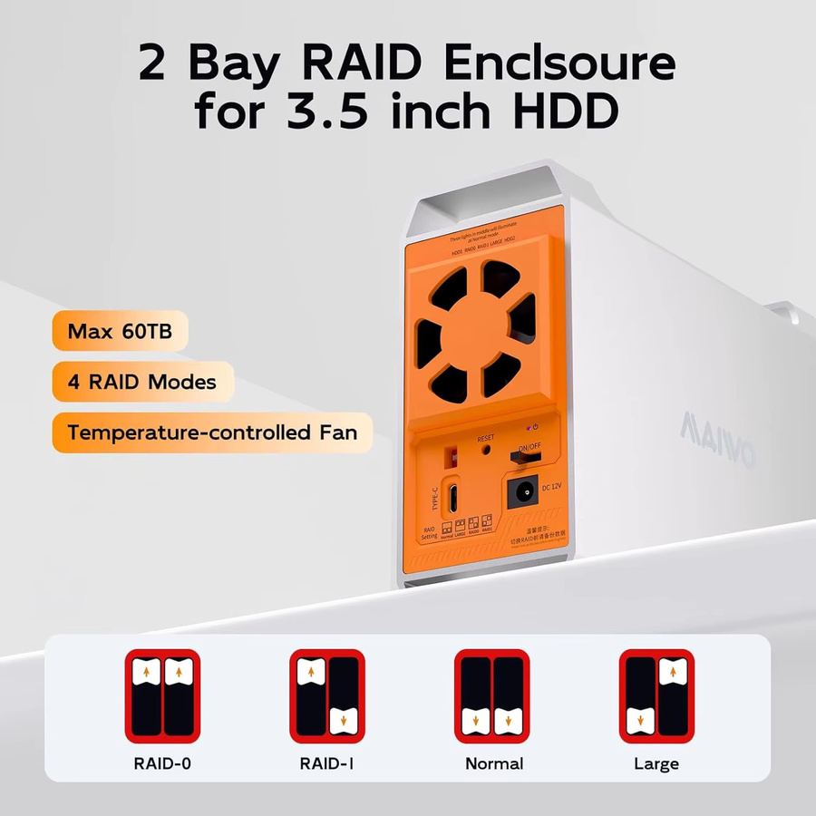 MAIWO 2-Schacht-HDD-Dockingstation mit USB-C-Anschluss für 2,5 und 3,5 Zoll SATA-Festplatten und 4 RAID-Modi - Bild 2