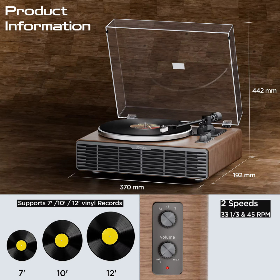 XJ-HOME XJ-H03 Bluetooth-Schallplattenspieler mit Riemenantrieb und 4 integrierten Stereo-Lautsprechern in Braun mit RCA Line Out und AUX-Eingang - Bild 2