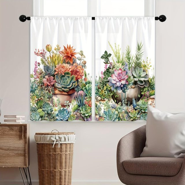 2er-Set halbverdunkelnde Küchenvorhänge von Yiran Furniture mit Aquarell-Blumenmuster in Multicolour, B: 50 cm, H: 130 cm - Bild 1