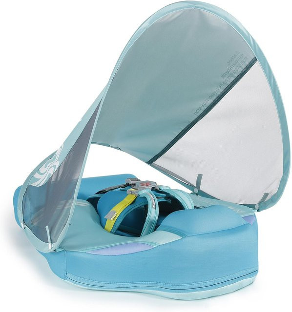 Mambobaby Aufblasbarer Baby-Schwimmring mit Sonnendach und Schwanz in Blau, Hautfreundlicher Schwimmtrainer für 3-24 Monate - Bild 1