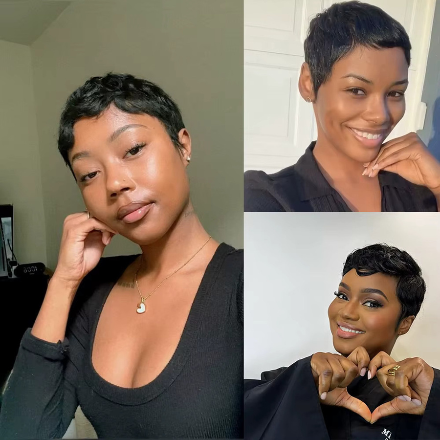 OYM HAIR Pixie-Schnitt Perücke, Echthaar, kurz, gerade, mit Pony, Damen - Bild 3
