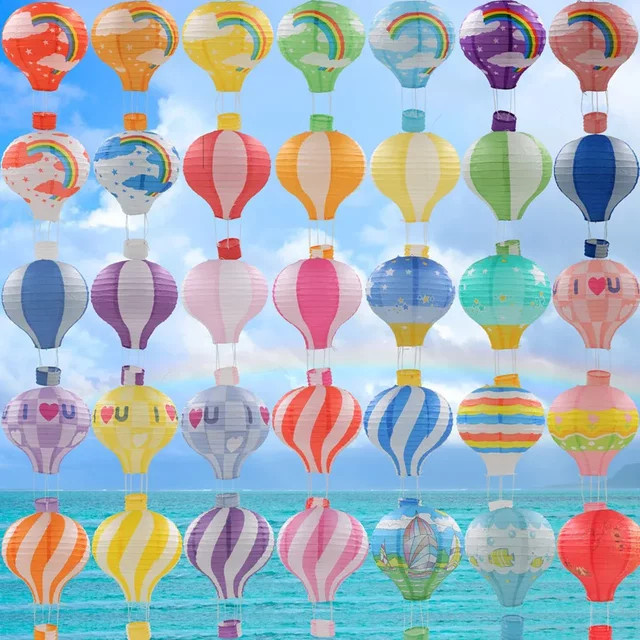 Regenbogen Heißluftballon Papier Laterne mit Wolken in Mehrfarbig, Durchmesser: 30 cm, Dekoration für Kindergeburtstage und Hochzeiten - Bild 1