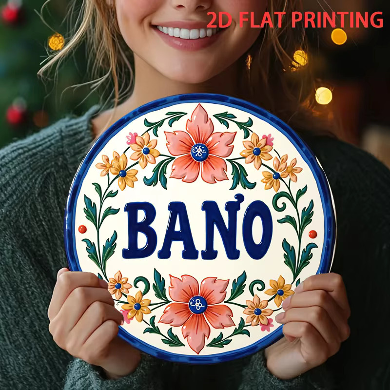 Rundes mexikanisches Talavera-Blechschild von Potdemiel mit blau-orangefarbenem Blumenmuster und Bano-Schriftzug, Durchmesser: 20,3 cm - Bild 2