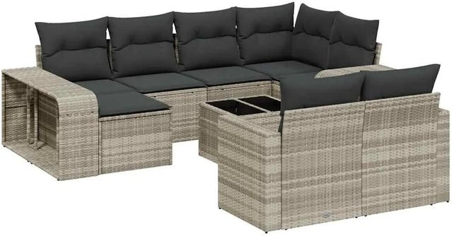 vidaXL 11-teilige Garten-Sofagarnitur aus Poly-Rattan mit Kissen in Hellgrau - Bild 1