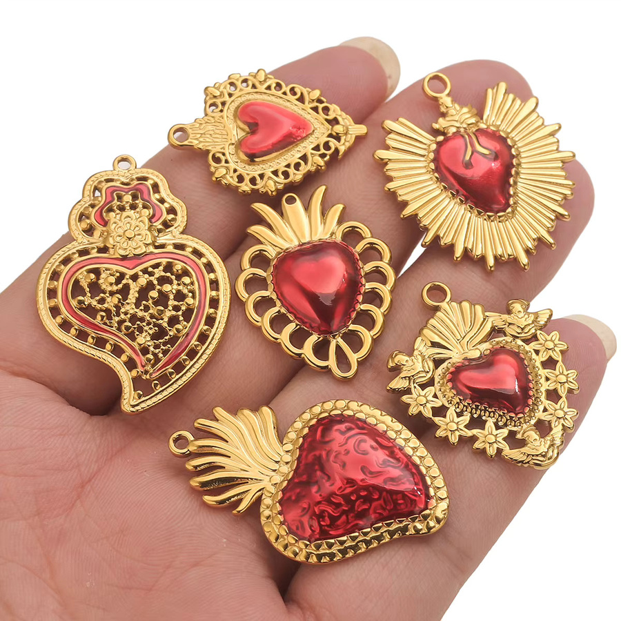 Aiovlo Charms, Edelstahl, vergoldet, rote Emaille, herzförmig - Bild 3