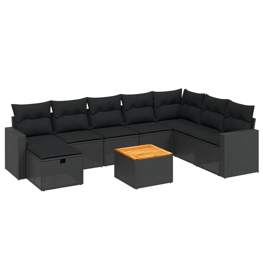 vidaXL 9-tlg. Garten-Sofagarnitur in L-Form aus schwarzem Poly-Rattan mit Kissen und Akazienholz - Bild 2