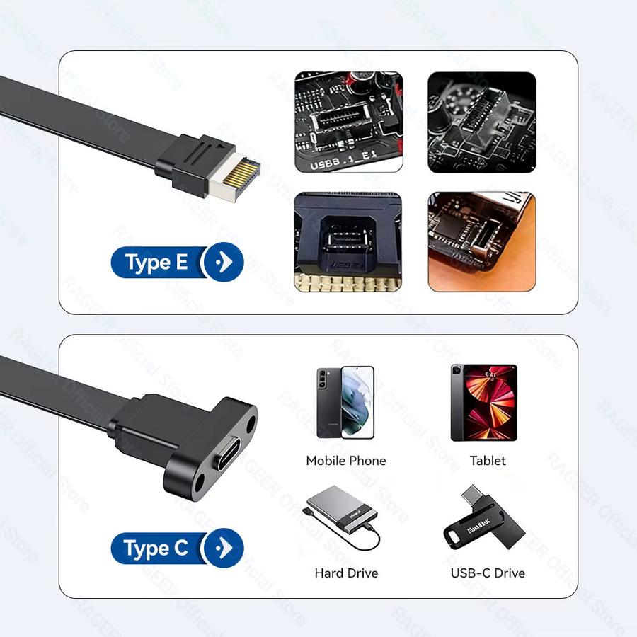 RAGEER Buchsen-Adapterkabel Typ E auf USB-C mit 20 Gbit/s, 4K-Videounterstützung und 100 W Stromausgang für deinen PC - Bild 3