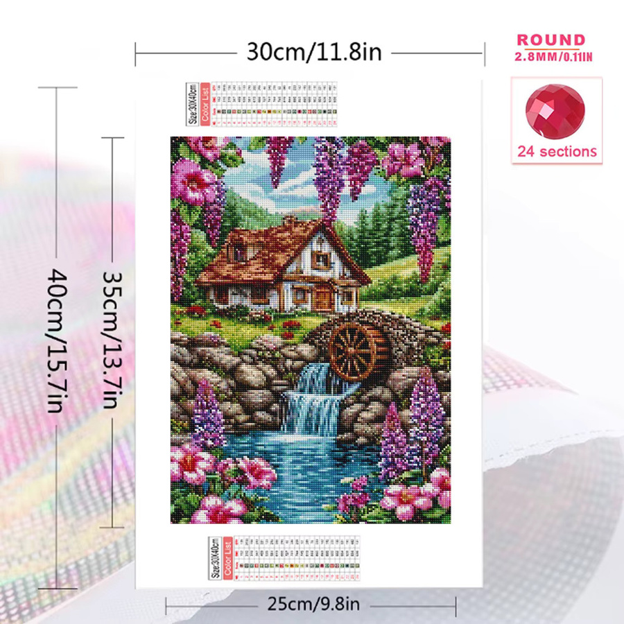 Momoart 5D-Diamantgemälde zum Selbermachen Hauslandschaft mit Fluss, rund, mehrfarbig, Durchmesser: 20,0 cm - Bild 2