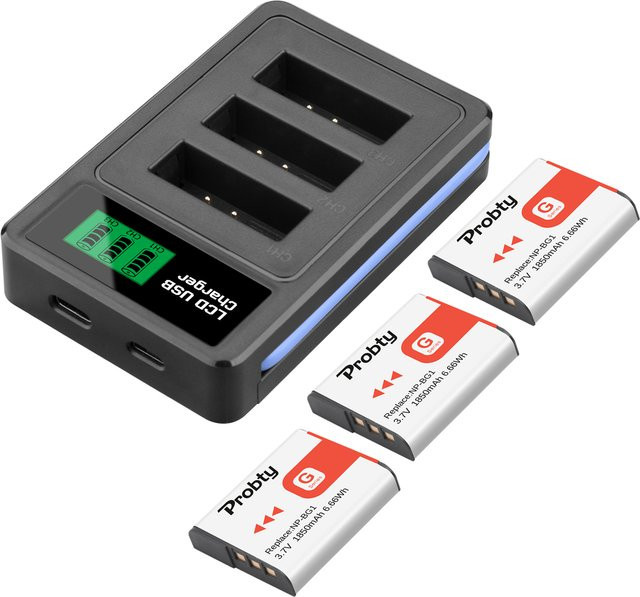 Sony Akku und 3-Slot LCD Ladegerät Set für Cyber-Shot DSC-W100 DSC-WX1 DSC-H50 DSC-H55 DSC-H3 in Schwarz, 1850 mAh, kompatibel mit NP-BG1 und NP-FG1 - Bild 1