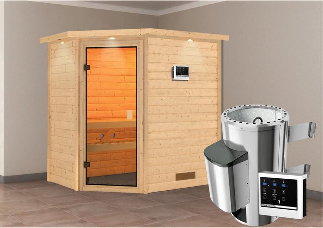 Karibu Massivholzsauna Jella in Natur mit 3,6 kW Ofen, externem Steuergerät und LED-Dachkranz, B/T/H: 195 x 145 x 223 cm - Bild 1
