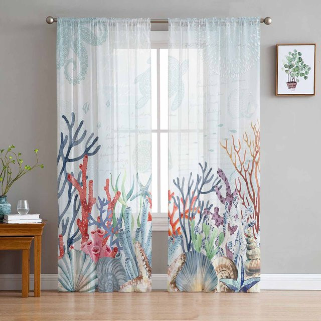 Super Six Chiffon Fenstervorhang Marine Korallen Design in Weiß, B/H: 135 x 114 cm - Bild 1