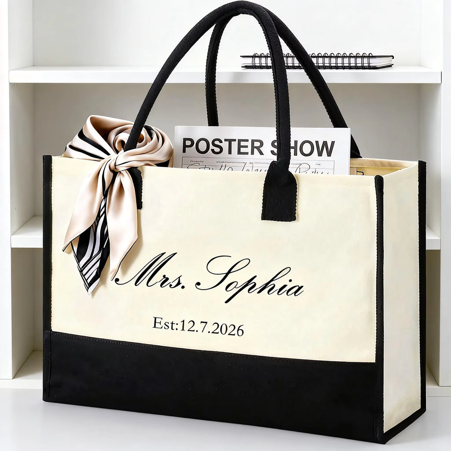 Personalisierte Leinentasche für die Braut in Weiß mit Name und Datum, B/H: 20 x 43 cm - Bild 2