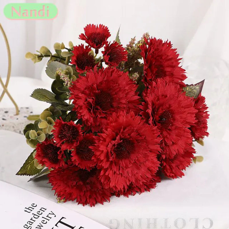NANDI Künstliche Gerbera Sonnenblumen Bouquet mit 7 Blüten in Blau und Rot zur Hochzeitsdekoration und Heimdekoration - Bild 1