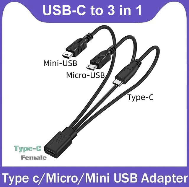 3-in-1 USB-C Splitterkabel Typ-C Verlängerungskabel mit USB-C, Micro-USB und Mini-USB Anschlüssen in Schwarz - Bild 1