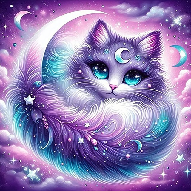 EverShine 5D Diamantmalerei Katze am Mond DIY Stickerei Set mit Rund- und Quadratbohrern, Mehrfarbig, B/H: 20 x 20 cm - Bild 1