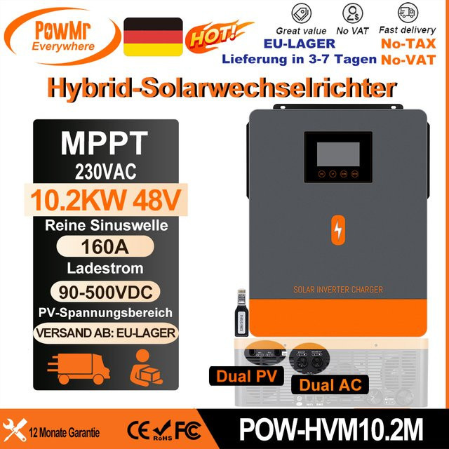 PowMr Hybrid-Solarwechselrichter 10,2 kW 48 V mit reiner Sinuswelle, 230 VAC Ausgang, Dual-MPPT und 160 A Solarpanel-Laderegler, 500 VDC, kompatibel mit Epo4-Batterien - Bild 1