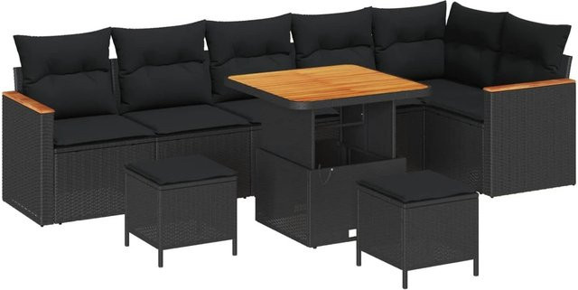 vidaXL Gartensofa-Set aus Polyrattan in Schwarz mit 9 Kissen, L-Form Lounge-Set mit Eckelement, Ottoman und Couchtisch für Garten und Terrasse - Bild 1