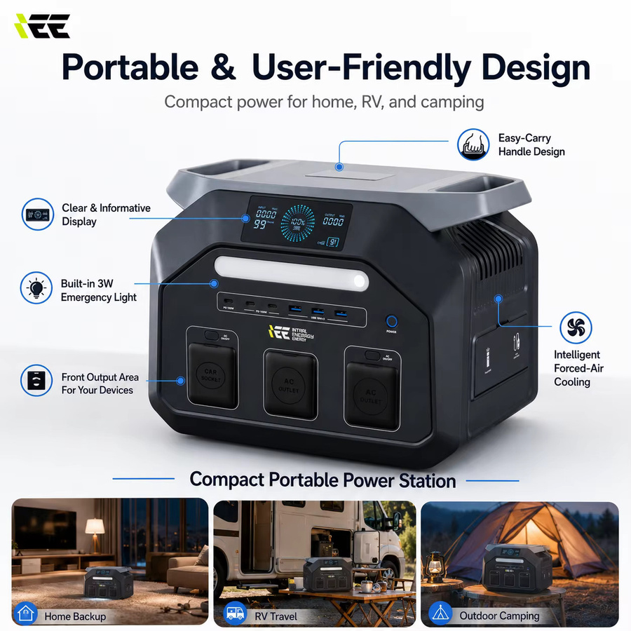 Tragbare Powerstation IEE P1800 in Schwarz mit 1024Wh Kapazität, 1800W Leistung und 3600W Spitzenleistung, LiFePO4-Akku, WLAN und Bluetooth App-Steuerung, Solargenerator für Camping und Notfälle - Bild 2
