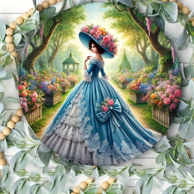 Potdemiel Metallwandkunst Viktorianisches blaues Kleid mit Blumenmuster, rundes Aluminiumschild, Durchmesser: 20 cm - Bild 1