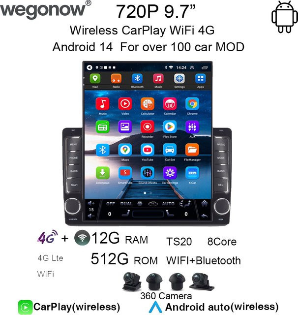 Wegonow Universelles In-Car-System mit Android 14.0, 9,7 Zoll 720P Display, 12GB RAM + 512GB Speicher, Schwarz, mit kabellosem CarPlay, 4G, WLAN und Bluetooth - Bild 1