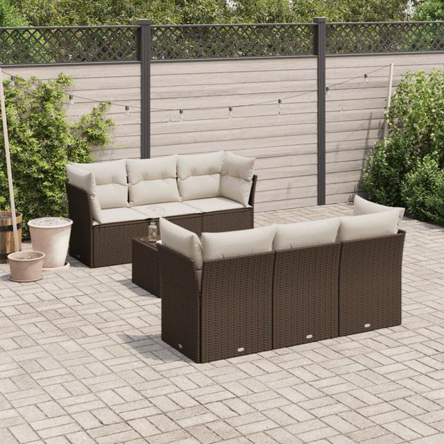vidaXL 7-teilige Garten-Sofagarnitur in L-Form aus Polyrattan mit Kissen in Braun - Bild 3