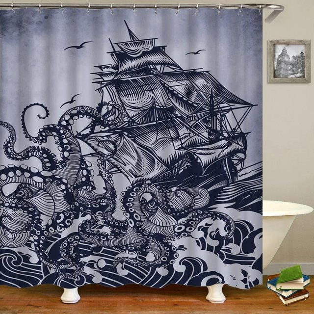 Baifenbai Home Furnishing Wasserdichter Duschvorhang Oktopus Motiv in Blau, B/H: 180 x 180 cm - Bild 1
