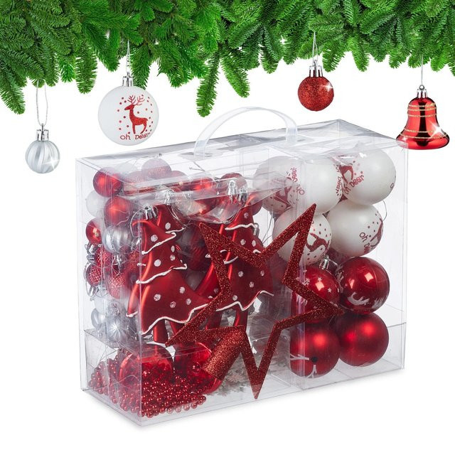 Relaxdays Weihnachtskugeln Set in Weiß und Rot aus Kunststoff mit Glocken, Schneeflocken und Aufbewahrungsbox für deinen Tannenbaum - Bild 1