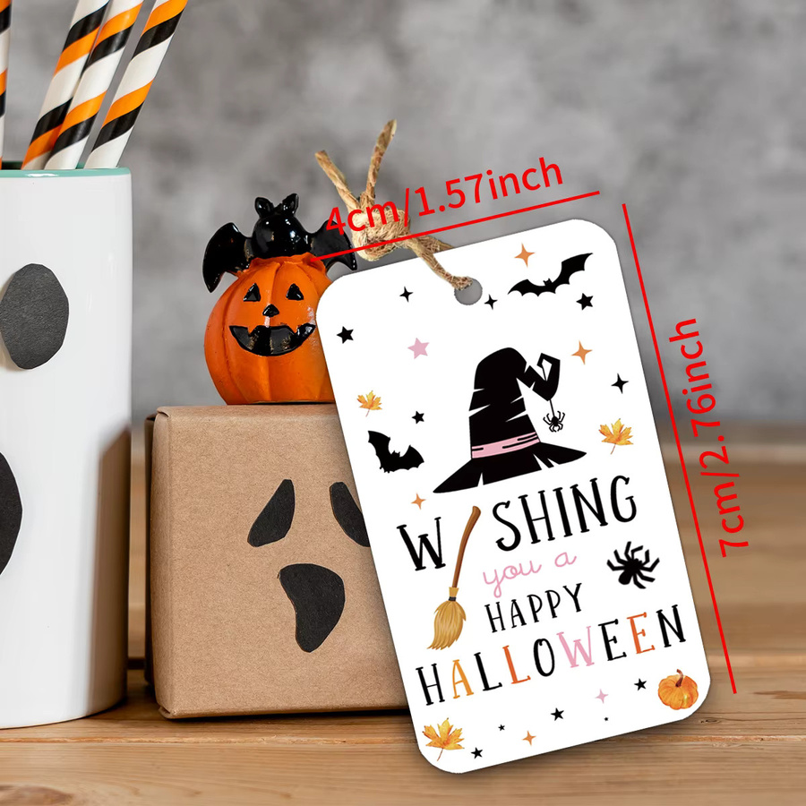 50 Stück Halloween-Geschenketiketten aus Papier mit Hanfseil im Design von Hexenhüten und Kürbissen zur DIY-Verpackungsdekoration - Bild 3